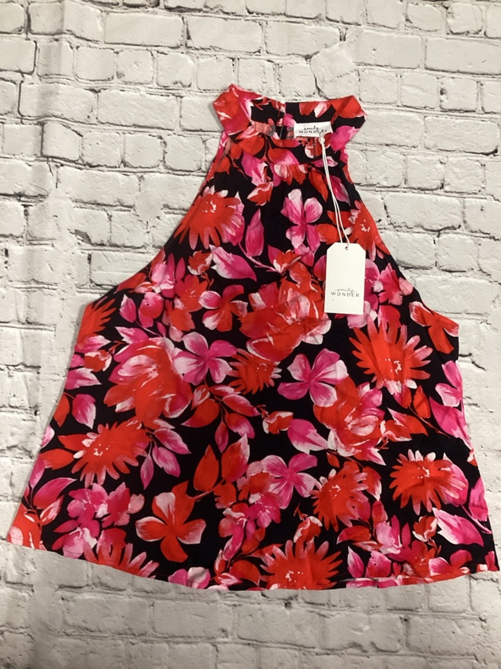 Emily Wonder Floral Halter Top - Black with Red & Pink Flowers